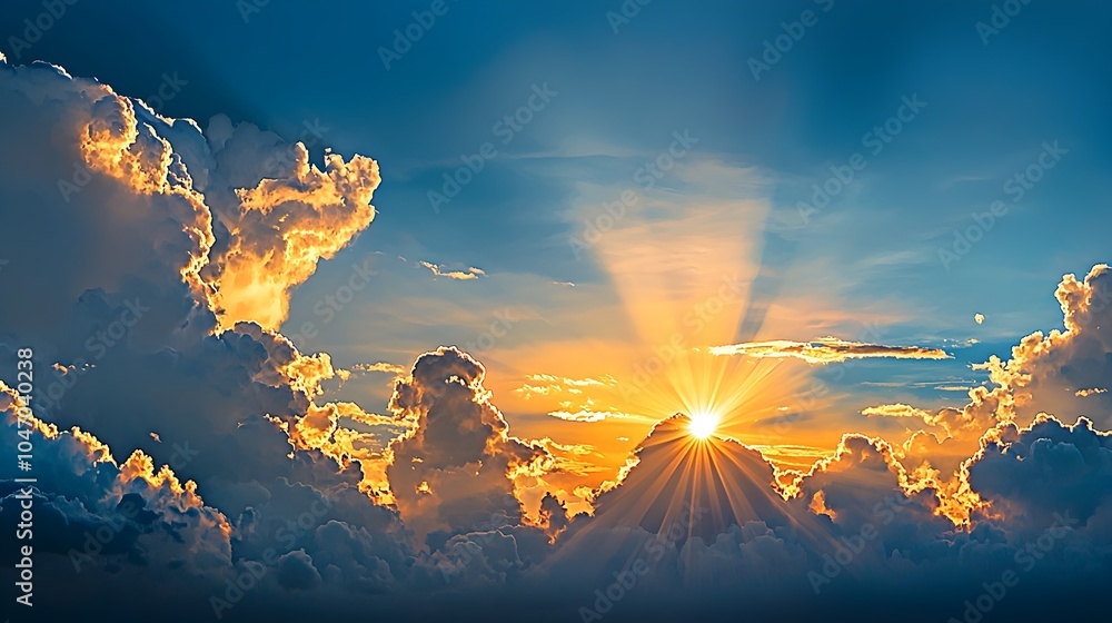 Poster dramatic sunrays breaking through storm clouds creating a moody ethereal atmosphere in the sky power