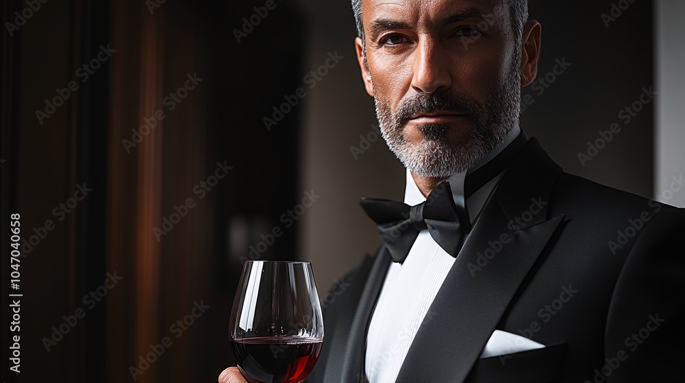 Poster senior executive attending an exclusive black-tie event with fine wine and gourmet dining in a sophi