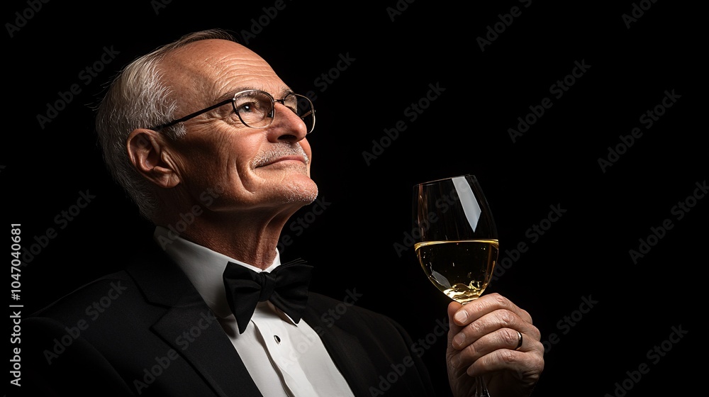 Poster senior executive attending an exclusive black-tie event with fine wine and gourmet dining in a sophi