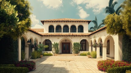 Obraz premium A Mediterranean-style villa featuring stucco walls, a tiled roof, and a spacious courtyard.