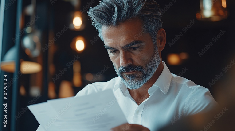 Poster senior executive sitting at a glass desk reviewing documents with a focused expression in a high-end