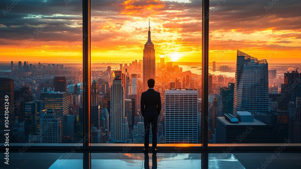 Aufkleber senior executive in a tailored suit standing near the office window reflecting on achievements while