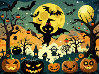 Halloween background with pumpkins, ghosts, bats and haunted house. 