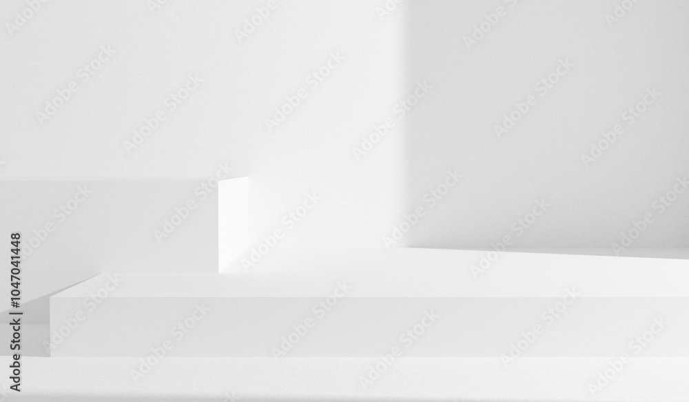 Leinwandbilder White background geometric forms minimalistic room with shadows. Empty white bright abstract space studio room table design