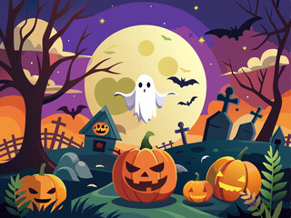 Halloween background with pumpkins, ghosts, bats and haunted house. 