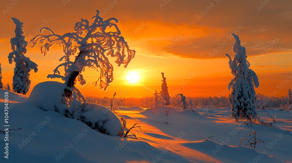 Poster enchanting ice crystal reflections shimmering across a serene snowy winter landscape at the first li