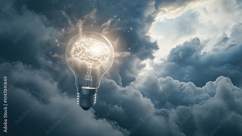 Aufkleber a floating light bulb with a brain radiating inside, casting beams of light into the universe, mergi