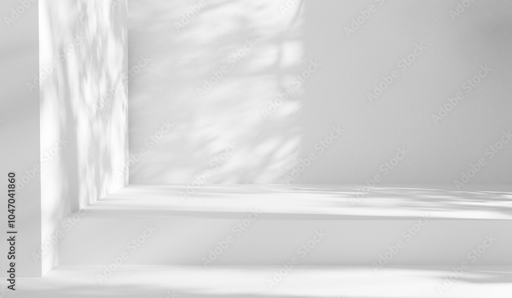 Poster White empty background with abstract geometrical forms and sunlight with shadows, white room copy space mock up with cozy light studio shot