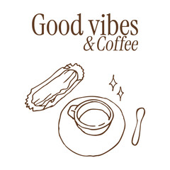 Parisian elegant doodle illustration with coffee and eclair. Hand-drawn line art graphic for t-shirt print, stationery, wall art. Dolce Vita aesthetic.