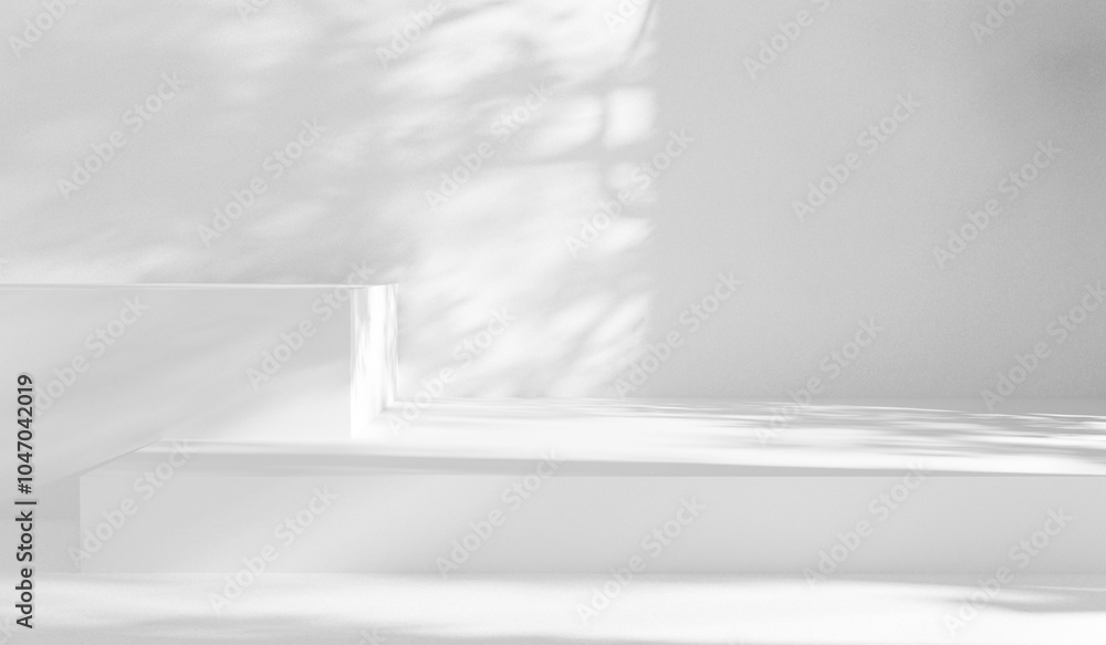 Aufkleber White empty background with abstract geometrical forms and sunlight with shadows, white room copy space mock up with cozy light studio shot