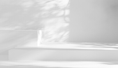 White empty background with abstract geometrical forms and sunlight with shadows, white room copy space mock up with cozy light studio shot