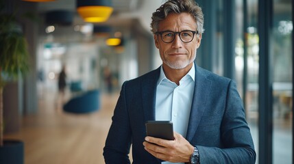 Senior executive standing in an office hallway with a determined expression holding a phone ready for important decisions Stock Photo with side copy space