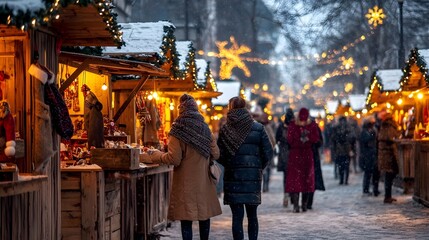 Naklejka premium Festive Illuminated Christmas Market Scene with Wooden Stalls Carolers Singing and Shoppers Wrapped in Warm Scarves Enjoying the Lively Winter Atmosphere and Holiday