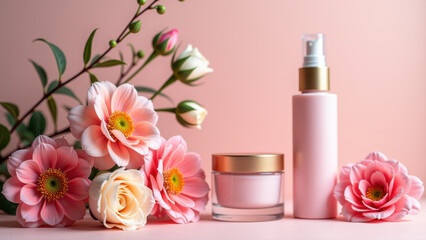 Skin care products elegantly displayed with pink flowers on a rose gold surface.