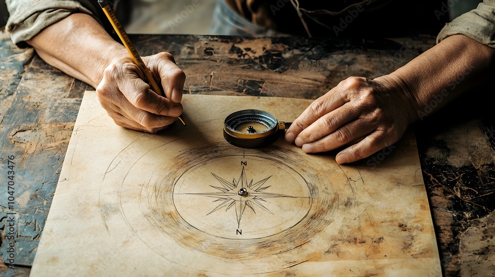 Poster hands carefully guiding a compass to skillfully draw a precise perfectly symmetrical circle on a she