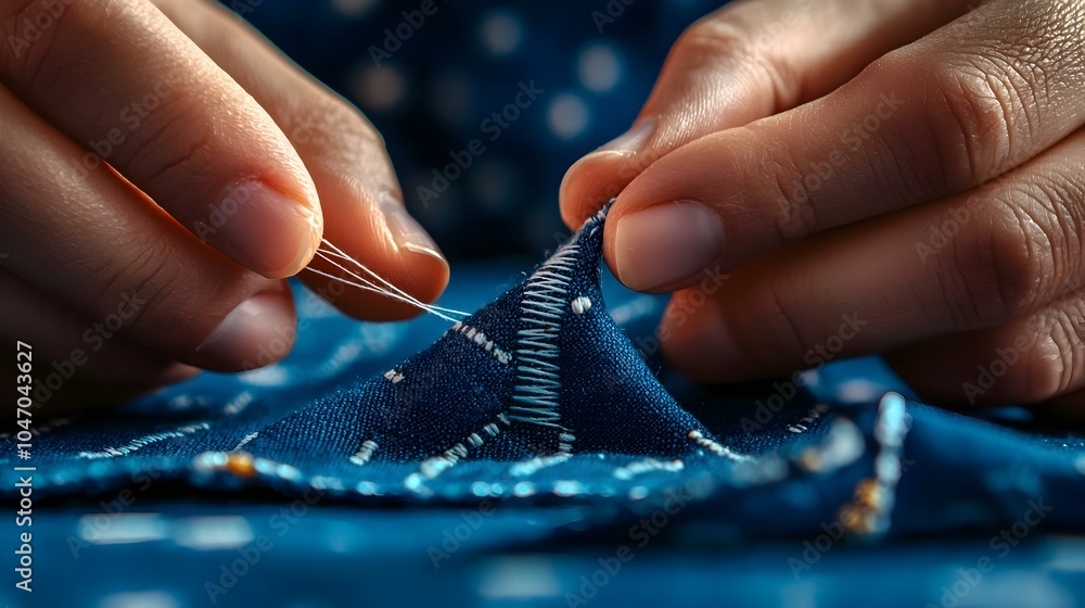 Poster hands carefully threading a sewing needle onto fabric for a handmade textile project closeup of a pe