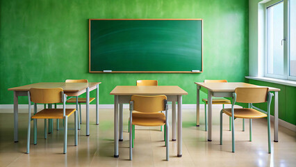 Empty green board classic classroom setting with a traditional green chalkboard and wooden desks and chairs class room school interior education 