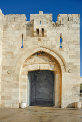 Jaffa Gate or Hebron Gate or David's Gate is a stone portal in the historic walls of the Old City of Jerusalem. It is one of eight gates in Jerusalem's Old City walls. Jerusal&eacute;m, Israel, 2016