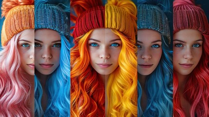 Obraz premium Funny girls emotions salon haircare coloring wig therapy stylist design isolated on painted background.