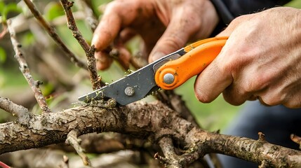 Hands holding a garden pruner or pruning shears trimming or cutting branches of a plant or tree for gardening landscaping and plant care and maintenance  Concept of gardening horticulture yard work