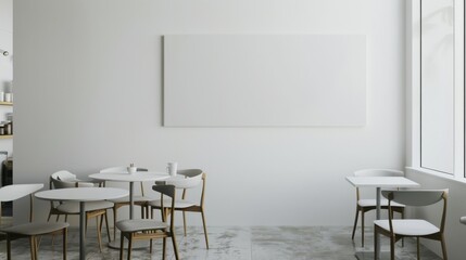 A minimalist caf&eacute; with a white canvas backdrop, Sparse seating arrangement in a contemporary coffee shop, Urban minimalism style
