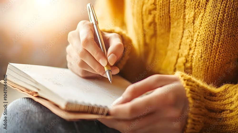 Poster Hands holding a notebook and pen for the purpose of note taking documentation research and capturing ideas  The image represents the act of learning studying