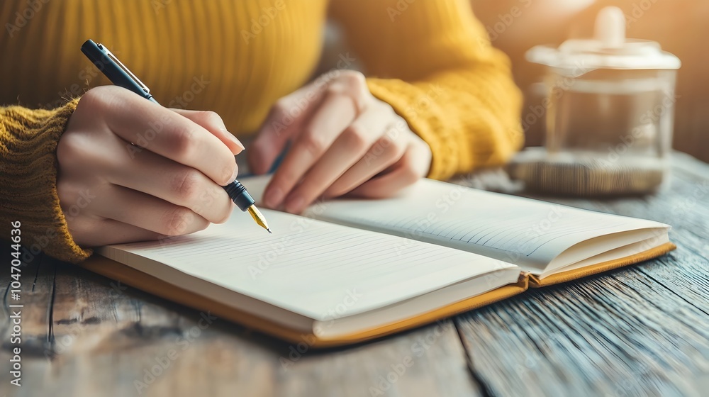 Poster Hands Holding a Notebook and Pen Taking Notes in a Professional or Academic Setting Such as a Workplace Classroom or Workshop Environment