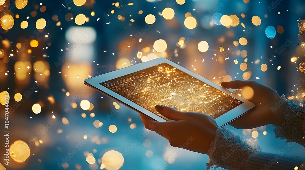 Poster Hands Holding a Tablet Device Scrolling and Browsing Through Digital Content on the Screen  Concept of Modern Technology Multimedia and Online Interaction