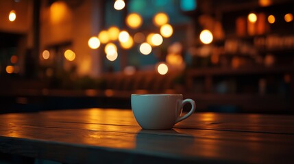 Fototapeta premium In a softly lit cafe, a single coffee cup sits on a rustic wooden table. The ambient lighting creates a warm and inviting atmosphere, perfect for evening relaxation or conversation.