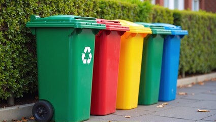 Different colored waste bins standing outside filled with garbage in a urban street - ai generated