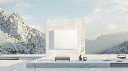 A minimalist haven featuring a white canvas backdrop, Sparse furniture arrangement in a serene mountain cabin, Mountain minimalism style