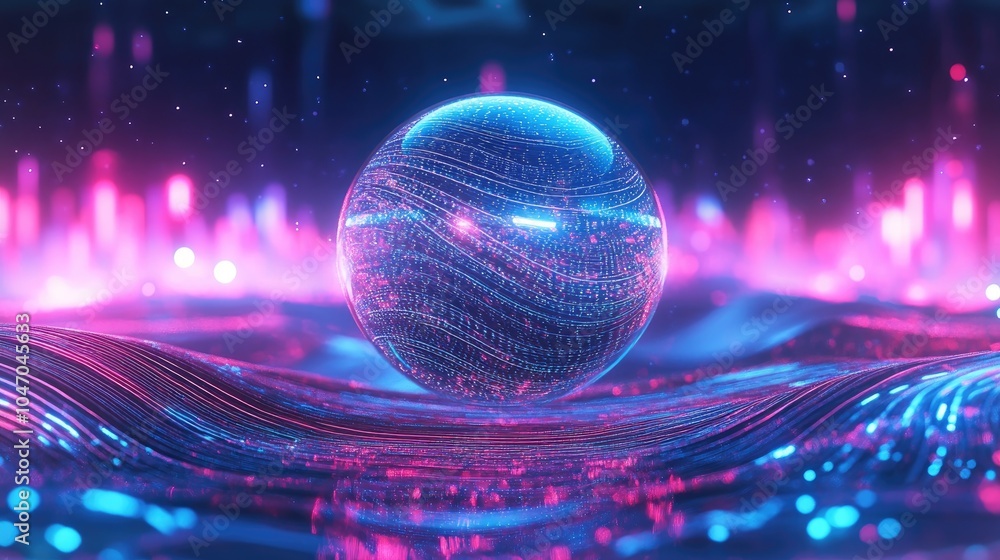 Poster a glowing sphere surrounded by vibrant waves of colorful light, creating a futuristic and mesmerizin