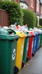 Different colored waste bins standing outside filled with garbage in a urban street - ai generated