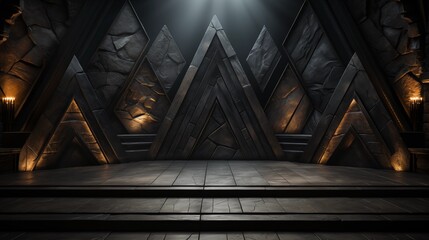 Fototapeta premium Dark geometric rock shapes in black and gray illuminated by spotlights, ideal for modern product displays with a dramatic aesthetic.