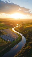 Solar panels farm at sunset generating renewable energy near river