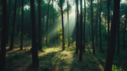 Fototapeta premium A pristine forest with tall, dense trees and sunlight streaming through the branches, casting soft shadows.