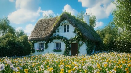 A quaint cottage with a thatched roof, surrounded by blooming flowers.