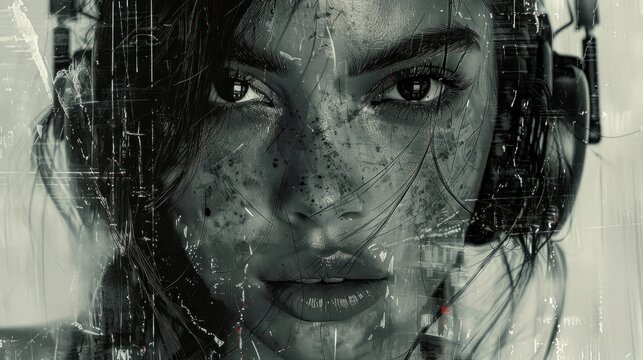 Monochrome young lady carefree amazed face half head open microphone boombox melody listen music.