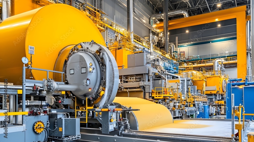 Poster industrial paper pulp mixing process inside large chemical tanks for manufacturing and production mi