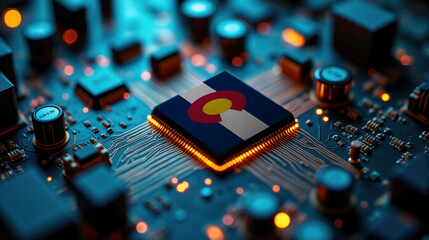 A Colorado branded chip rests on a circuit board, surrounded by glowing components, representing significant contribution to advanced computing technology and hardware.