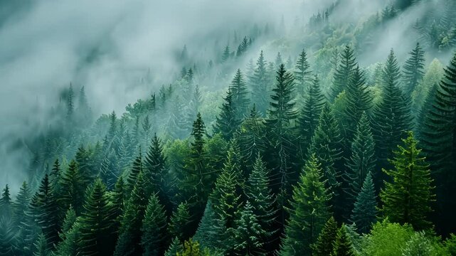 A misty forest with tall evergreen trees on a cloudy day