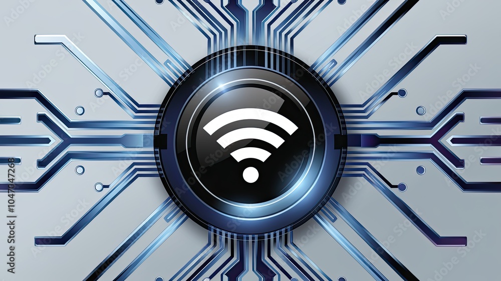 Poster abstract design featuring a wireless symbol integrated with circuit patterns, perfect for technology