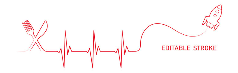Editable lines heart rhythm illustration with fork, knife, rocket spaceship. Heartbeat line art vector design to use for healthcare, weight loss, healthy lifestyle, healthy food, dieting projects. 