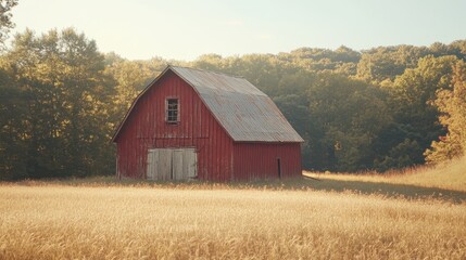 Obraz premium A rustic barn in a golden field, with worn red paint and wooden beams showing age.