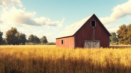 A rustic barn in a golden field, with worn red paint and wooden beams showing age.