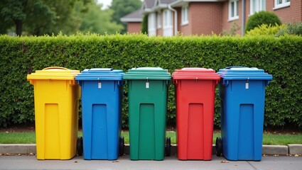 Obraz premium Different colored waste bins standing outside filled with garbage in a urban street - ai generated