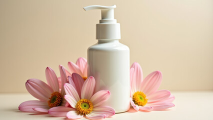 A pump bottle of lotion with pink and white flowers.