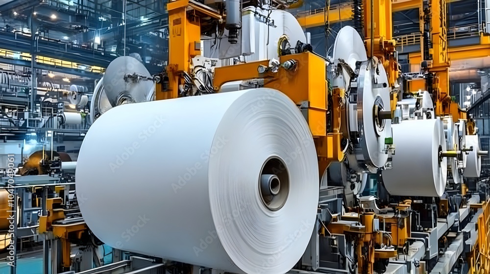 Poster Massive rolls of paper being wound up on large industrial spools or cylinders used in various manufacturing packaging and distribution processes within the industrial and construction sectors