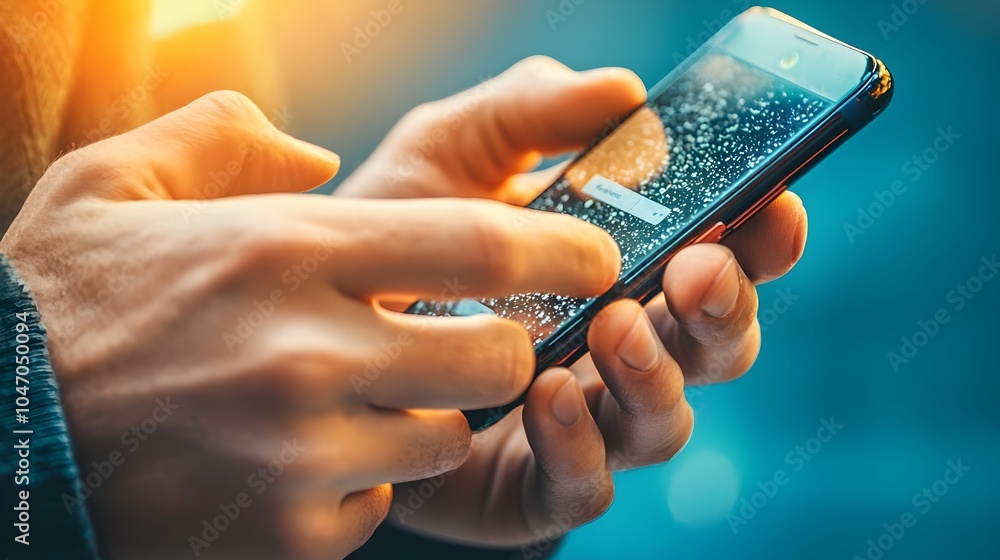 Aufkleber Minimalist and clean rendering of human hands holding a smartphone and typing a digital message or text  Concept of modern communication technology and connectivity in a contemporary abstract setting