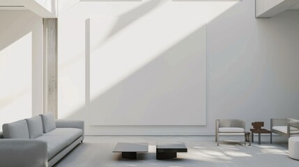 A minimalist living room design featuring a white canvas backdrop, Strategically arranged minimal furniture, Minimalist Scandinavian style